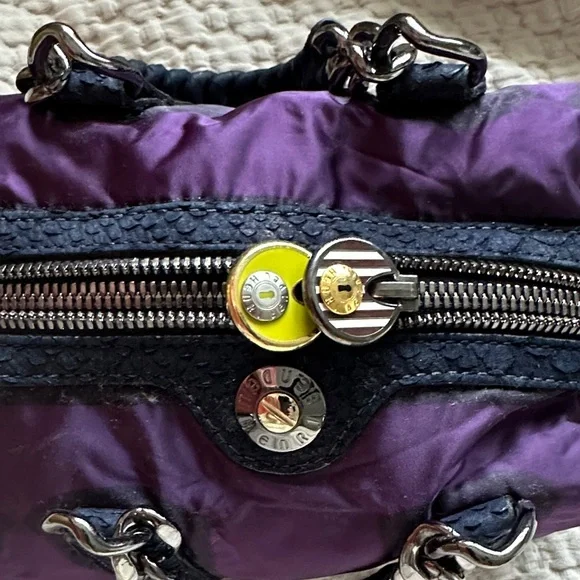 Henri Bendel Purple satin bag with Navy Blue and silver accents - Picture 6 of 16